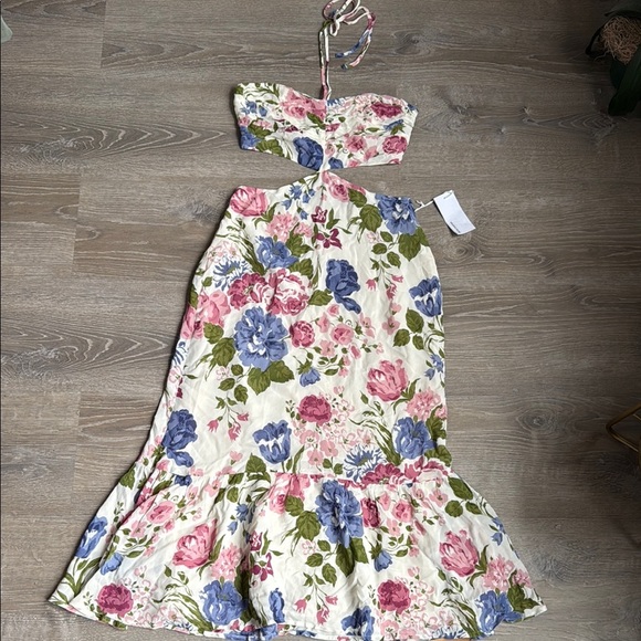 NEW Reformation Riya Cutout Floral-print Crepe Midi Dress - White 4 - Picture 3 of 16